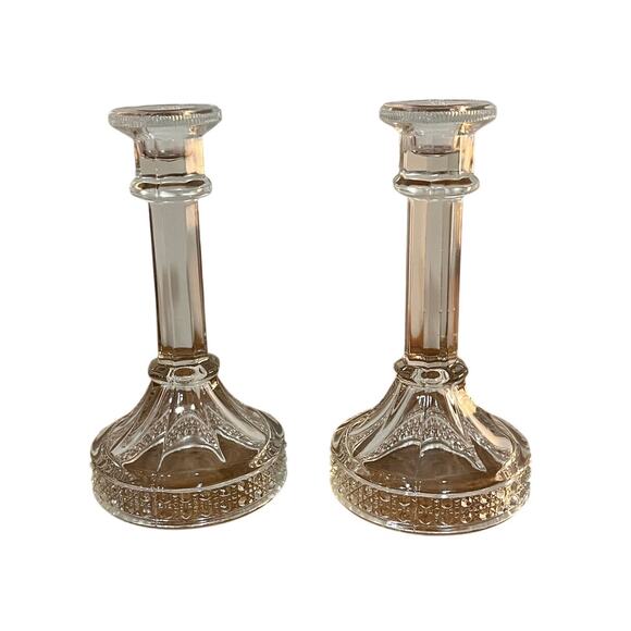 Vintage Pressed Glass Candlestick Holders Pair 7 Inch Taper Candle Holders - Picture 1 of 11